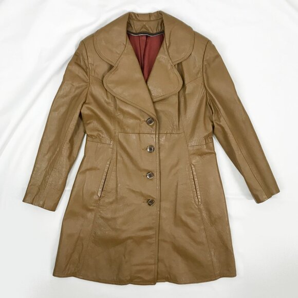 Vintage 70s Leather Jacket Brown Knee length Big Lapel - Picture 7 of 9